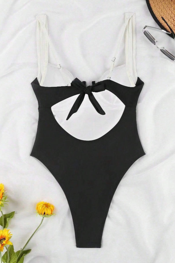 Retro Colorblock Halter Backless One Piece Swimwear