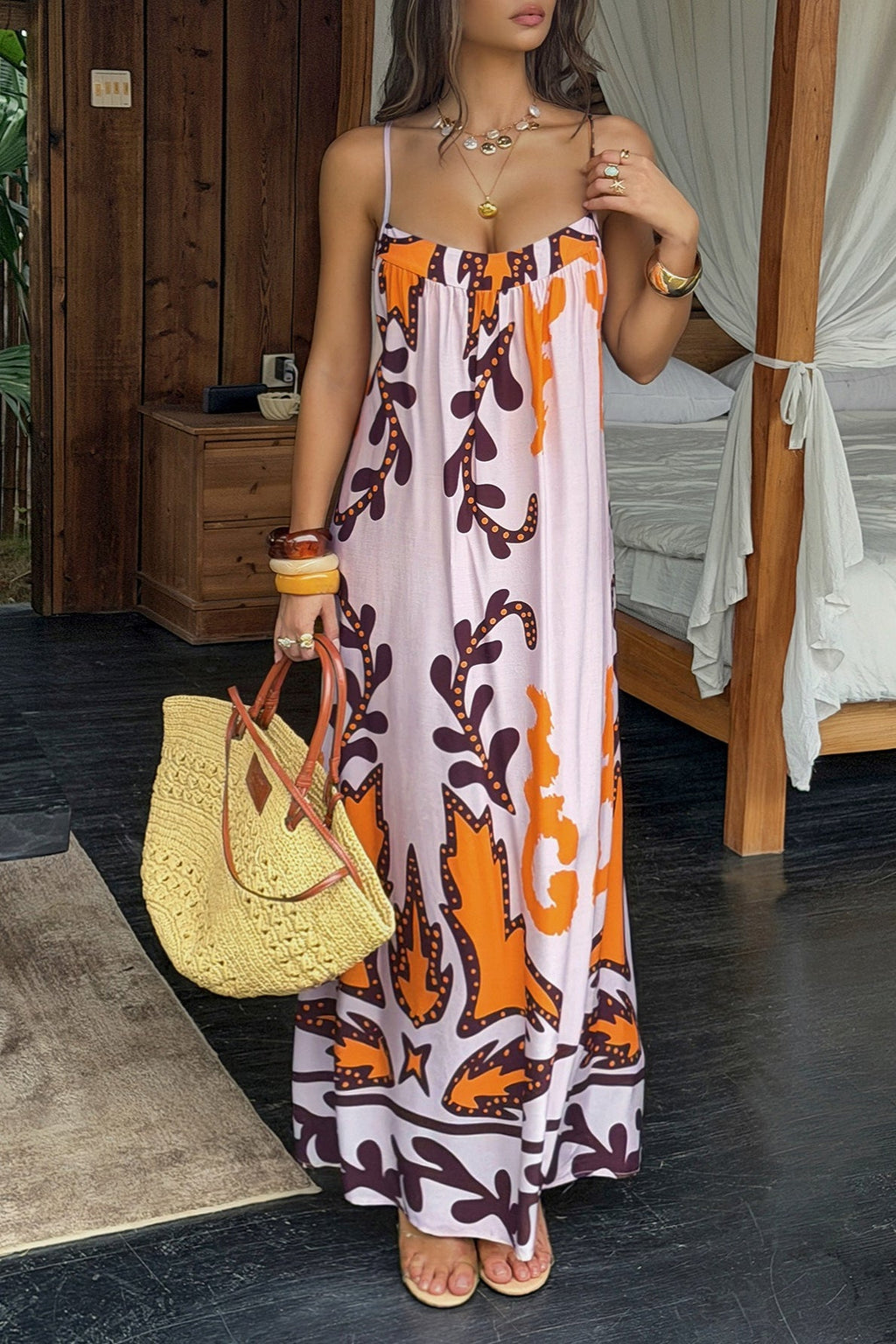 Vintage Orange Brown Floral Boho Maxi Dress