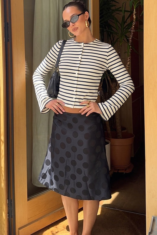 Striped Crew Neck Button Long Sleeve Tee