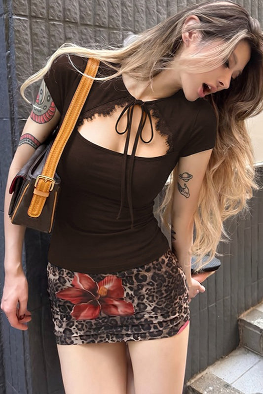 Lace Hollow Out Tie Detail Slim Fit Tee