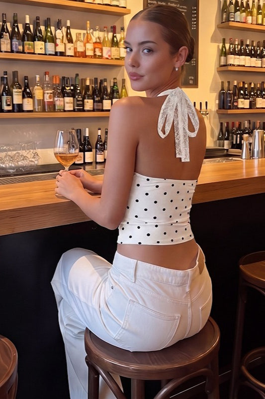 Polka Dot Print Lace Trim Halter Top