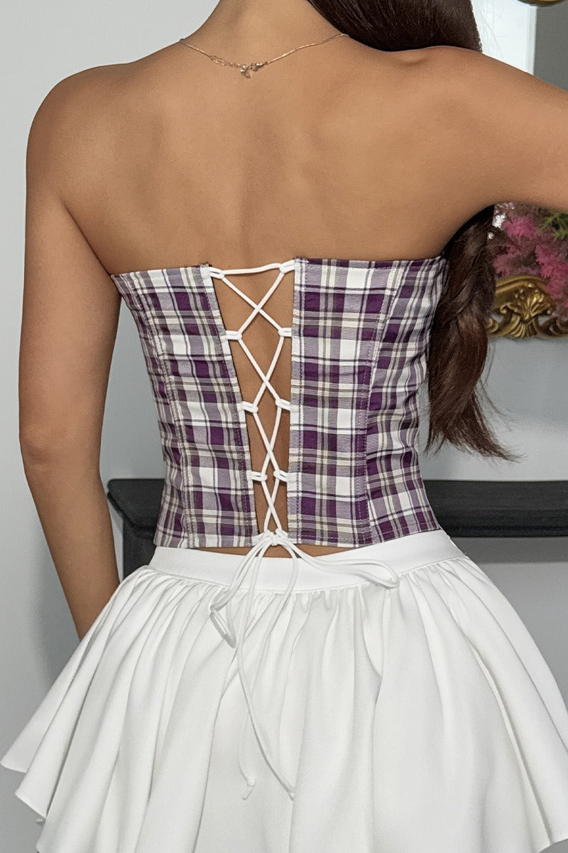 Vintage Blue Plaid Lace Edge Tube Top