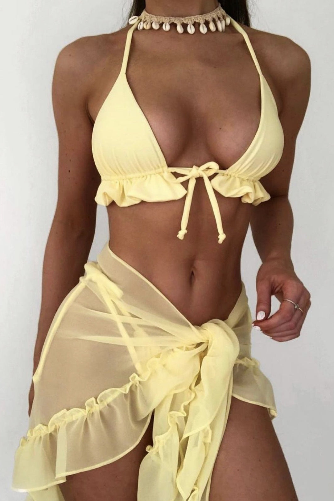 Ruffle Halter Tie Mesh Ruched Three Piece Swim Set