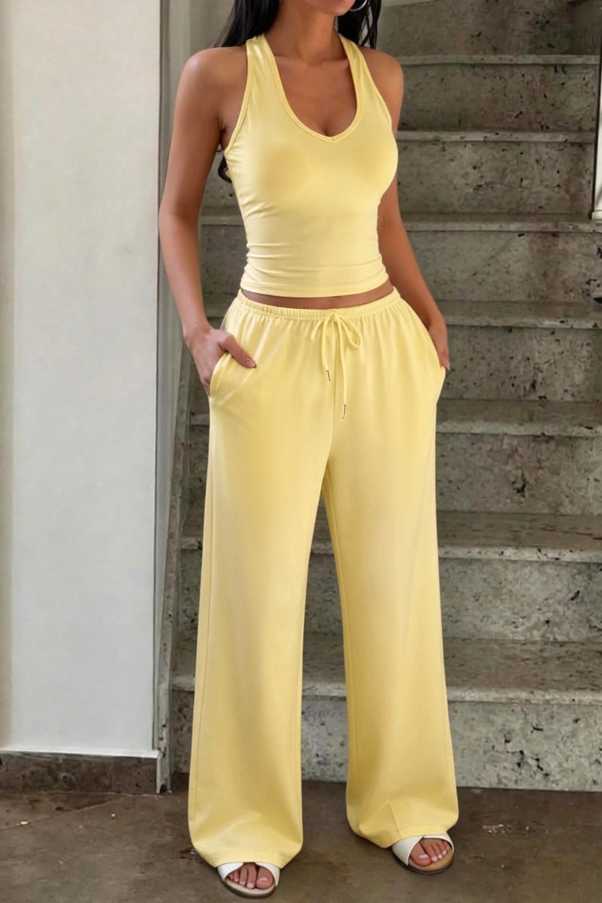 U Neck Fitted Tank Wide Leg Pants Set