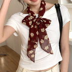Long, lightweight scarf with vintage floral print and necktie