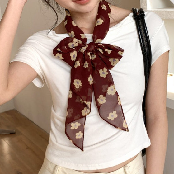Vintage Floral Long Lightweight Neck Ribbon Scarf