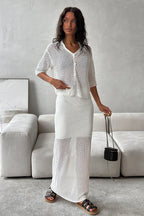 Openwork Collared Cardigan Maxi Skirt Set
