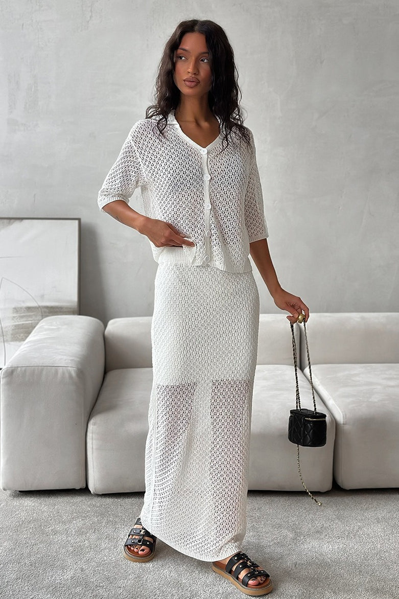 Openwork Collared Cardigan Maxi Skirt Set