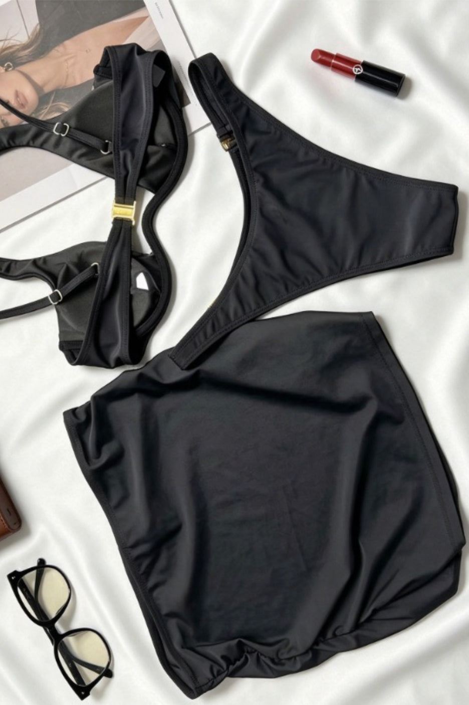 Hollow Out Black Halter Three Piece Swim Set