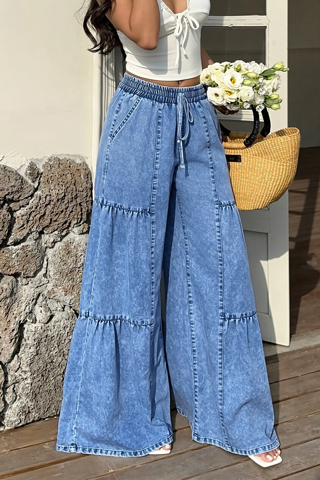 Tiered Panel Drawstring Wide Leg Jeans