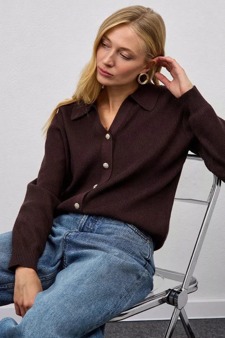 Solid V Neck Button Down Cardigan