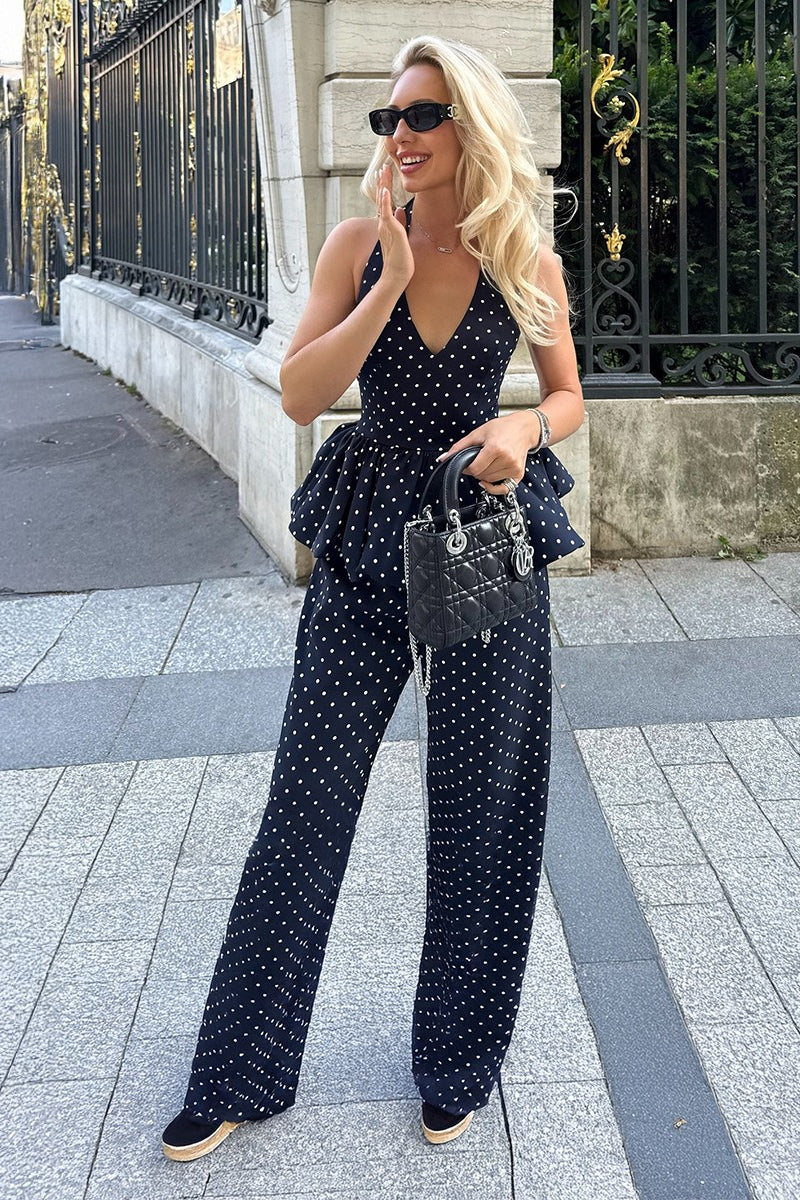 Sexy Polka Dot Halter Wide Leg Pants Set