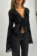 Chiffon Ruffled Flared Sleeve Sheer Slim Fit Blouse