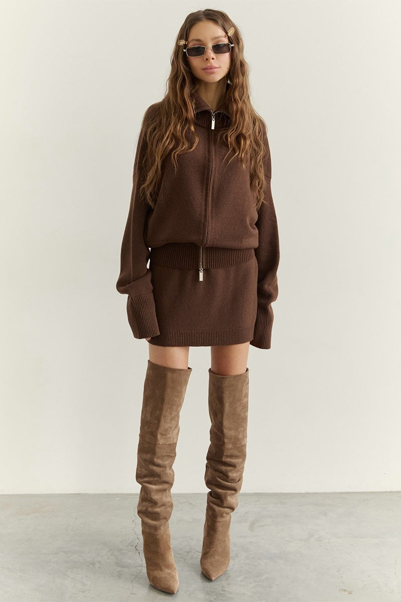 Zip High Neck Cardigan Mini Skirt Set
