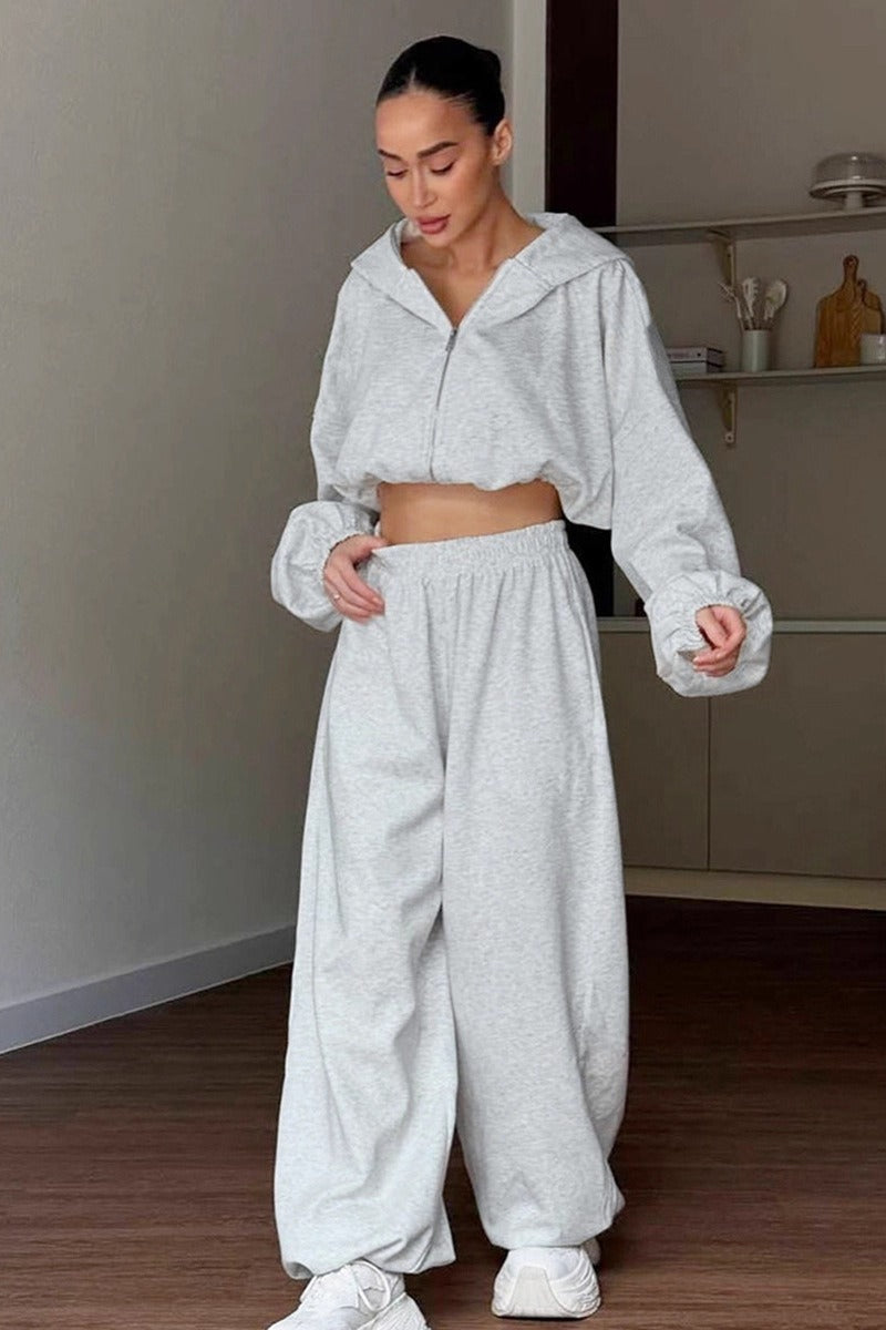 Casual Loose Fit Hoodie Cinched Waist Jogger Pants Set