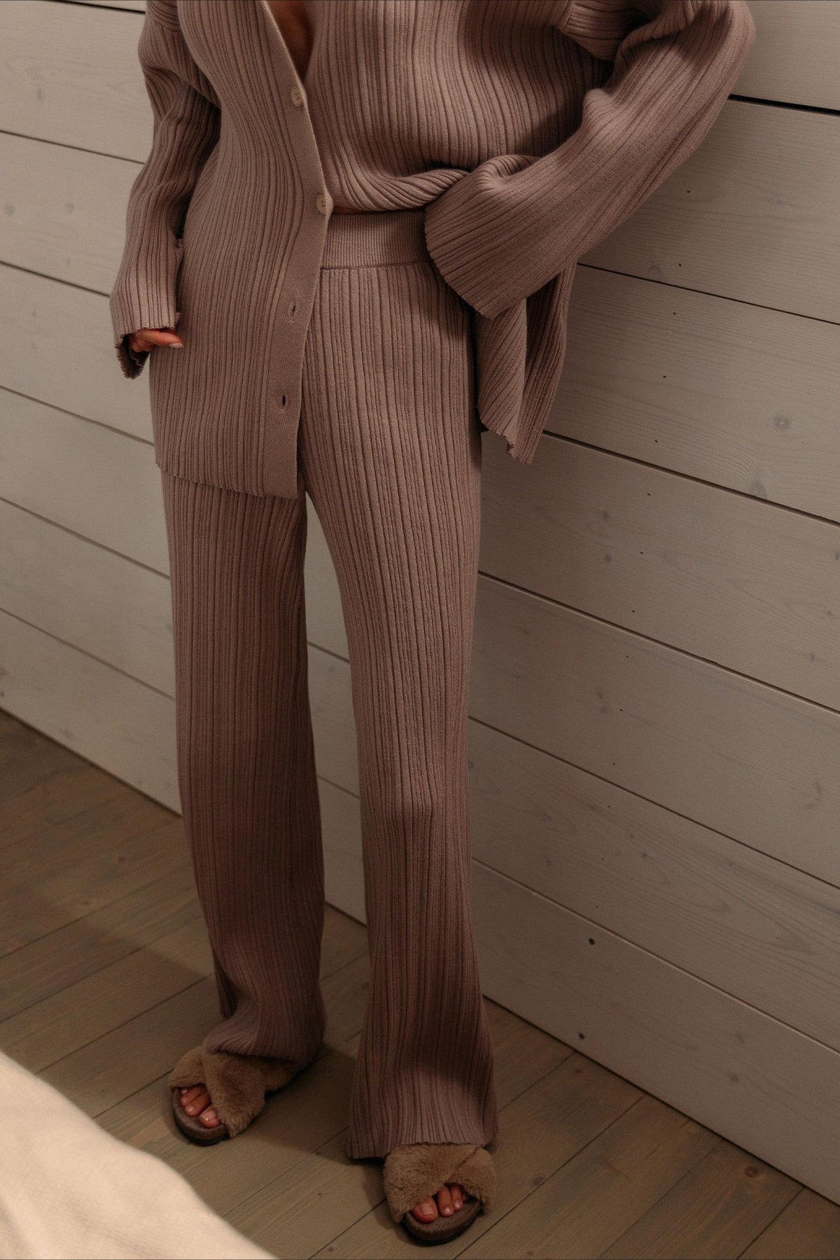 Ribbed Cardigan Wide Leg Pants Knit Set