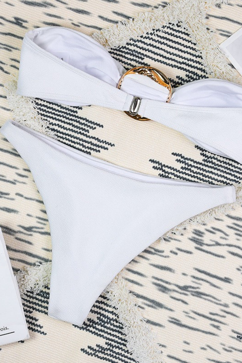 White Ruched High Slit Three Piece Swim Set