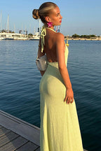Deep V Backless High Slit Knit Boho Dress