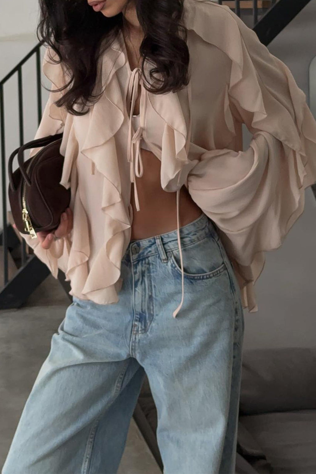 Ruffled Loose Tie Front Open Casual Blouse