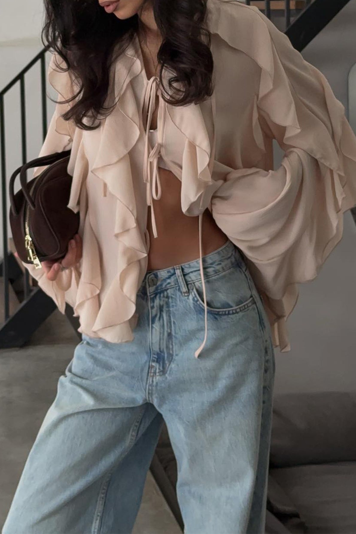 Ruffled Loose Tie Front Open Casual Blouse