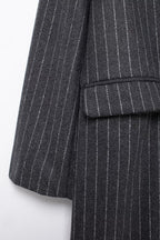 Long striped V-neck wool coat