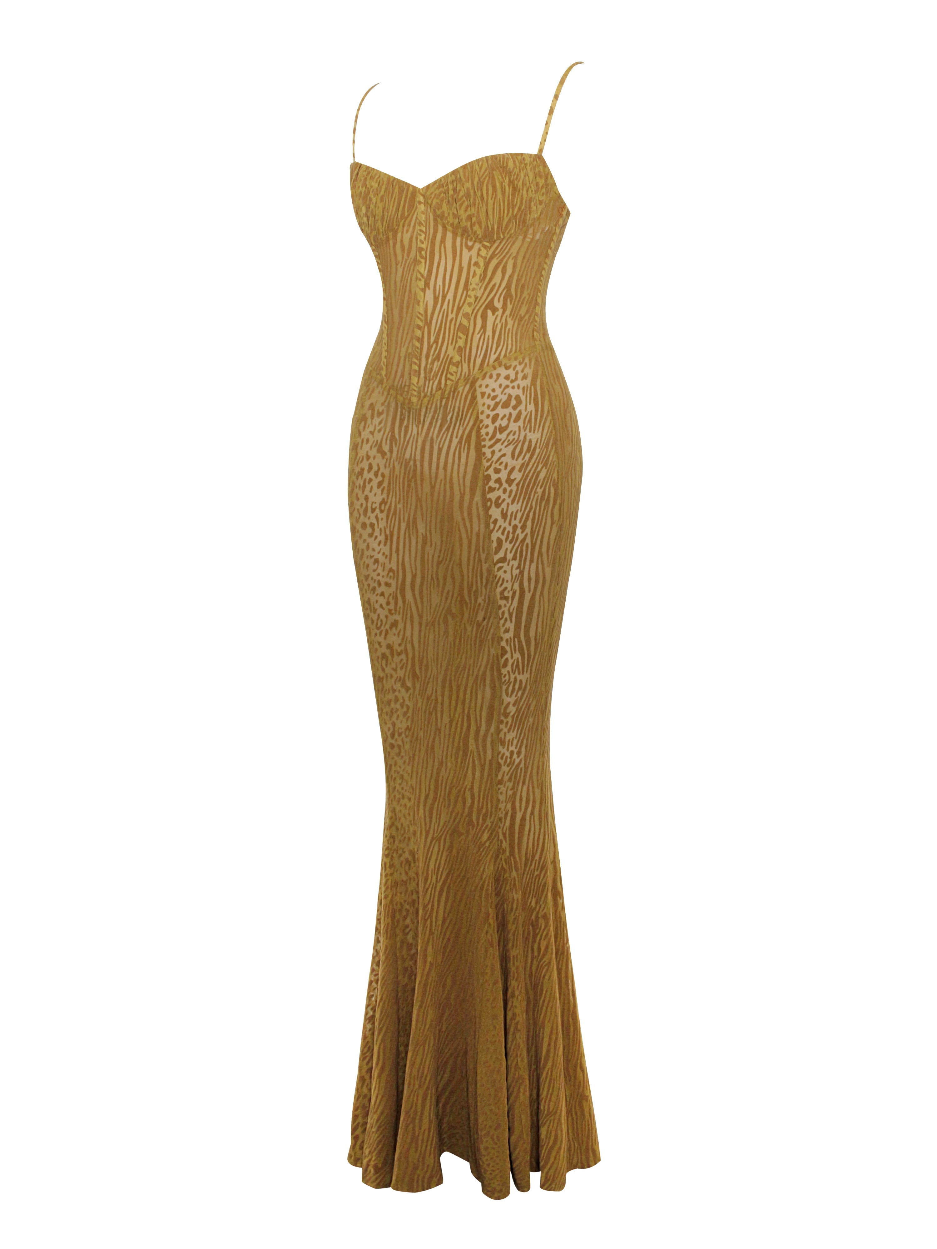 Ulani Dorado Terciopelo Devoré Detalle Elegante Malla Vestido Maxi