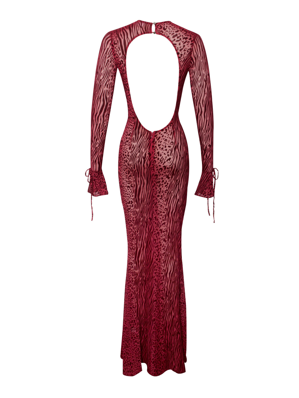 Waylynn Borgoña Terciopelo Devoré Detalle Elegante Malla Espalda Descubierta Vestido Maxi