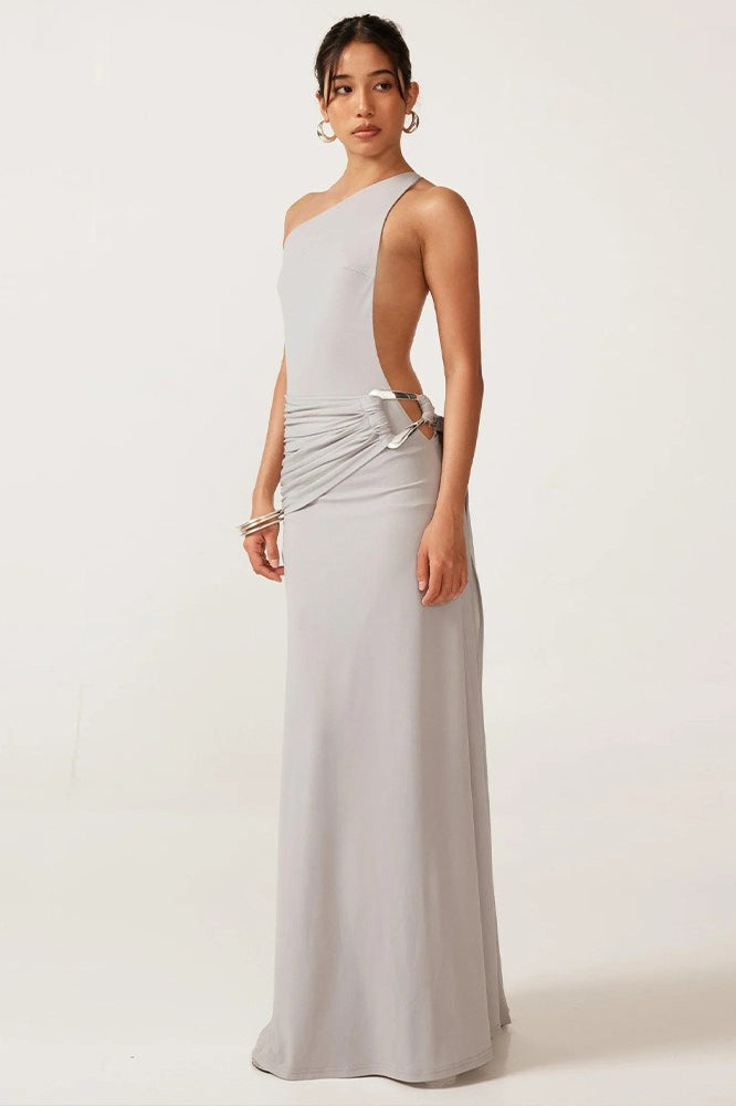 Sexy Espalda Descubierta Detalle Metálico Ajustado Vestido Maxi