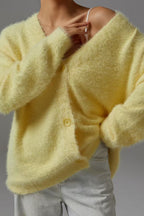 Fuzzy Balloon Sleeve V Neck Knit Cardigan