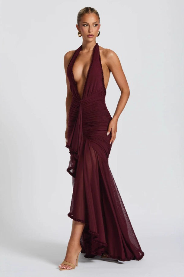 Sexy Escote Profundo en V Halter Sirena Vestido de Fiesta