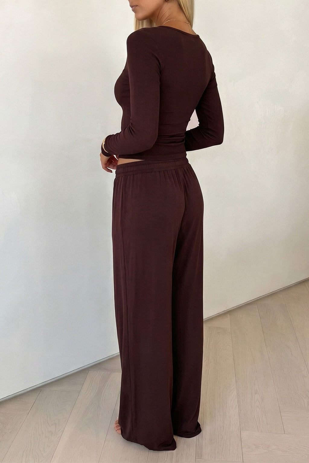 Brown Deep V Fitted Active Pants Set