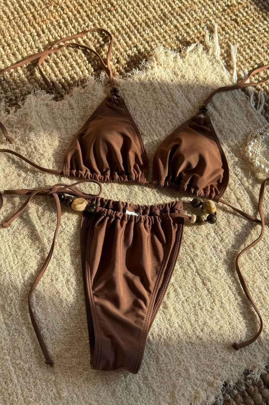 Solid Color Backless Halter Beaded Bikini Set
