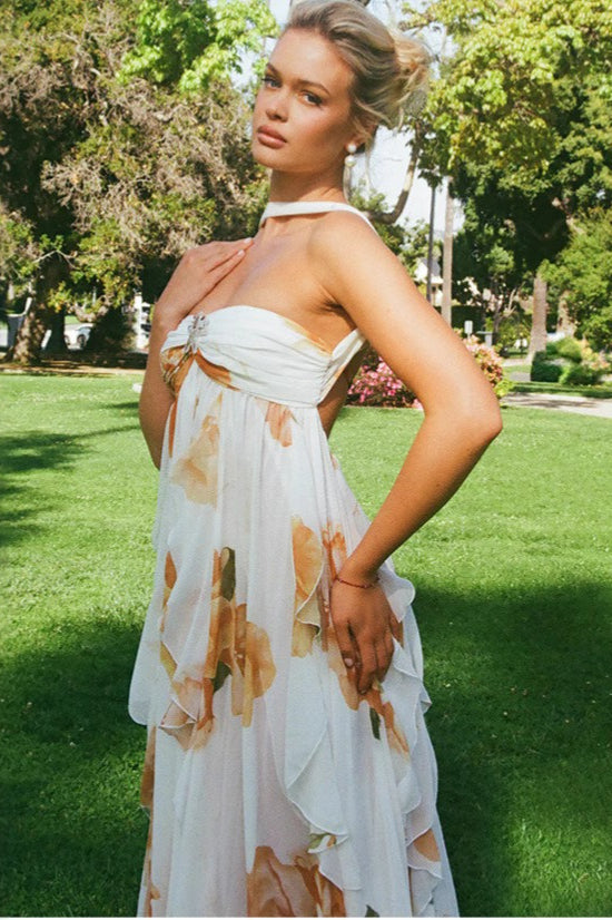 Floral Espalda Descubierta Halter Vestido Maxi