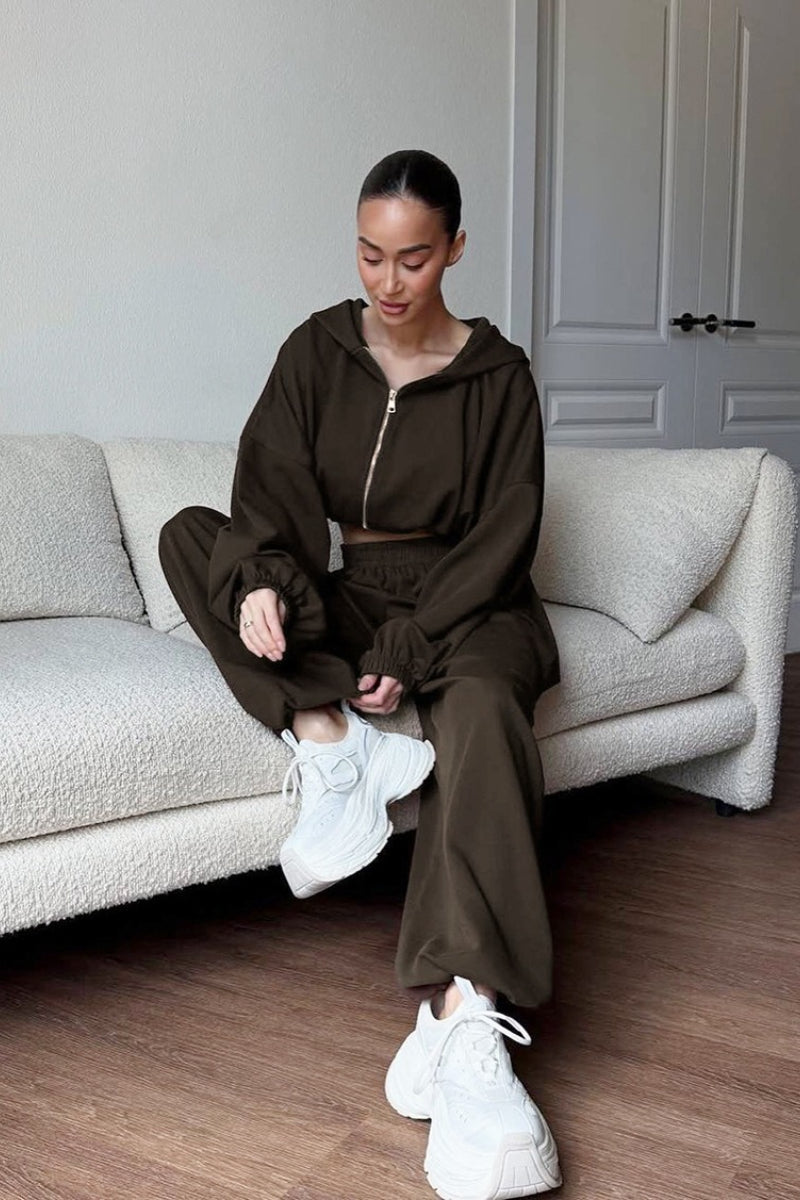 Casual Loose Fit Hoodie Cinched Waist Jogger Pants Set