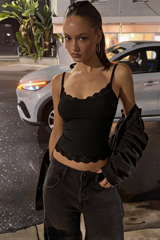 Solid Color Versatile Lace Trim Fitted Cami Top