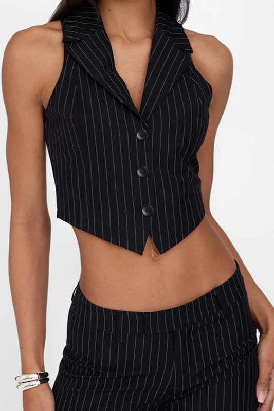 Striped Two Piece V Neck Relaxed Vest Pants Set