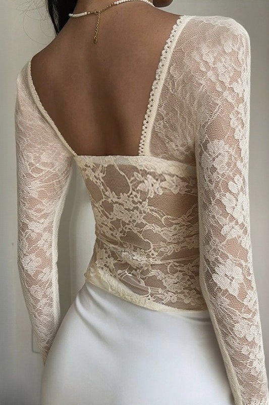 Sheer Lace Backless Flounce Hem Blouse