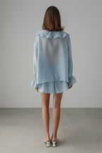 V Neck Ruffle Tie Front Blouse Shorts Set