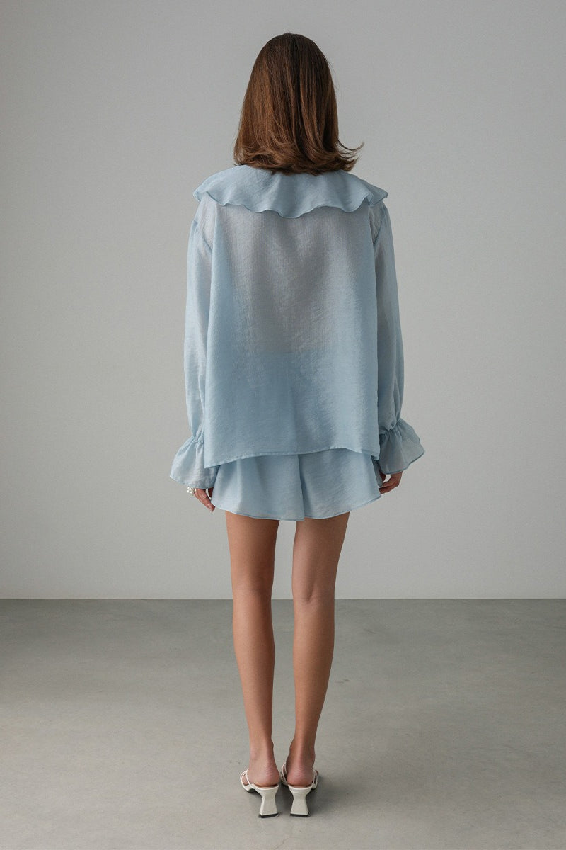 V Neck Ruffle Tie Front Blouse Shorts Set
