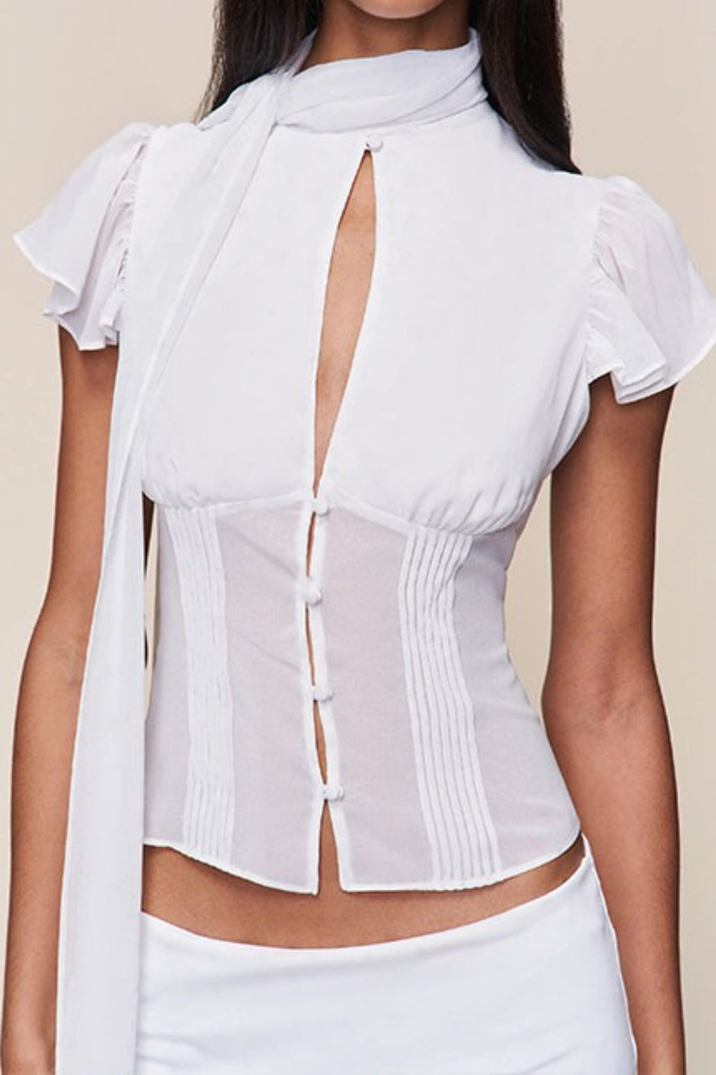 Button Hollow Out Tie Detail Waist Slim Tee
