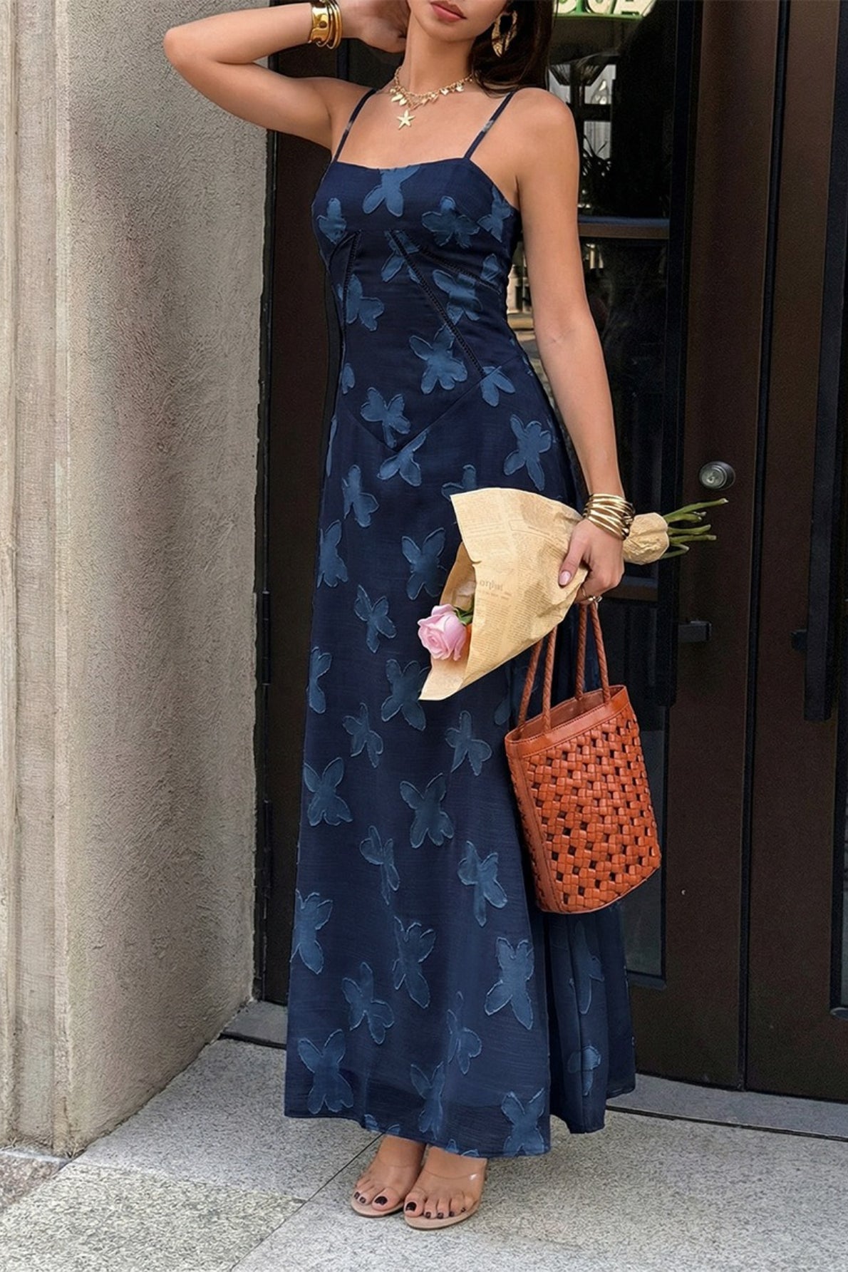 3D Butterfly Jacquard Cami Maxi Dress