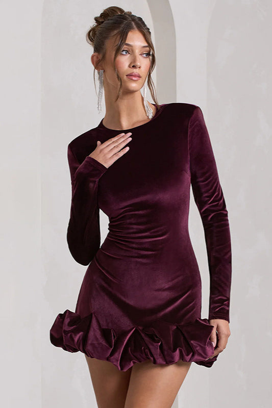 Vestido Midi de Terciopelo, Cuello Redondo, Fruncido