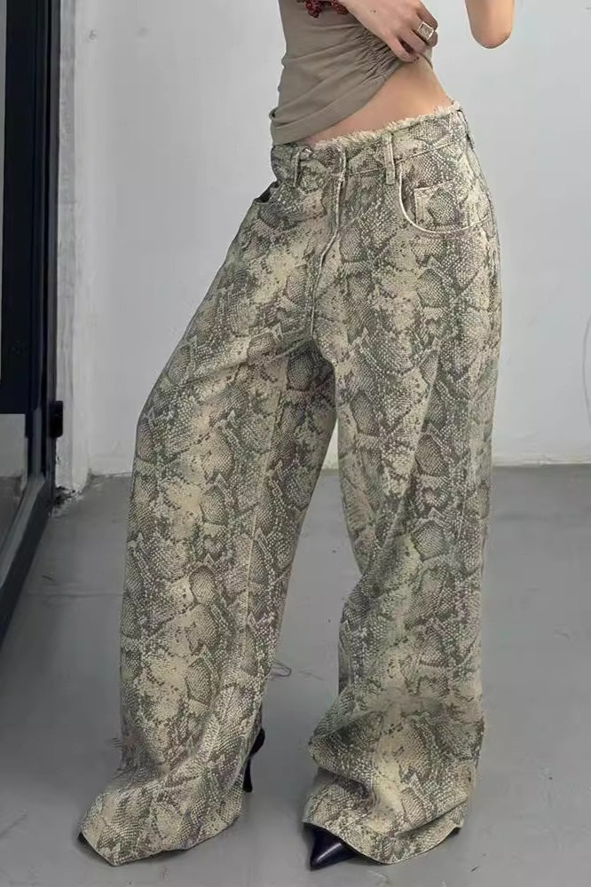 Snake Pattern 3D Print Relaxed Mid Rise Jeans