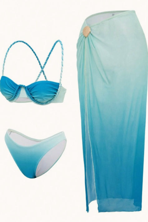 Gradient Mesh Skirt Backless Three Piece Swim Set