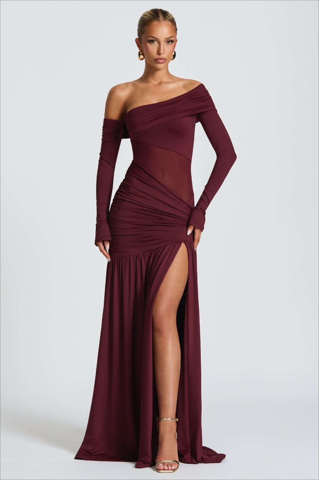 Transparente Plisado Hombros Descubiertos Vestido de Fiesta