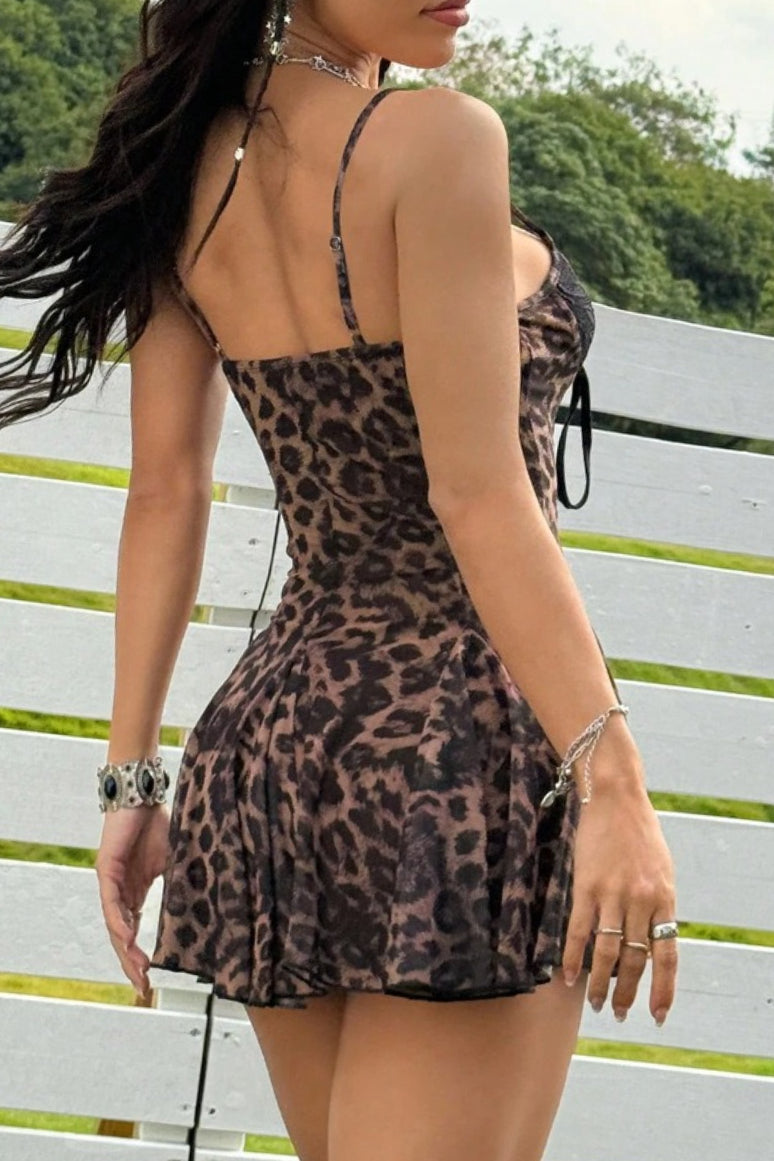 Leopard Lace Panel Spaghetti Strap Mini Dress
