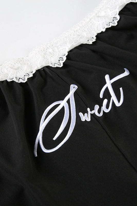 Contrast Waist Lace Trim Relaxed Long Pants