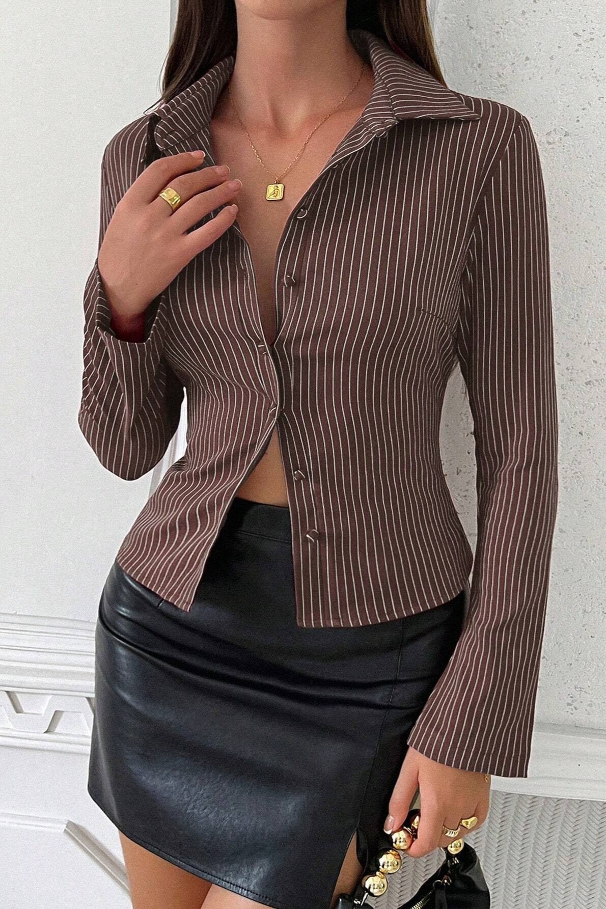 Escote en V A Rayas Manga Larga Blusa