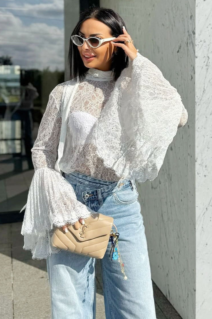 Lace Flounce Collar Ruffled Sleeve Sexy Blouse