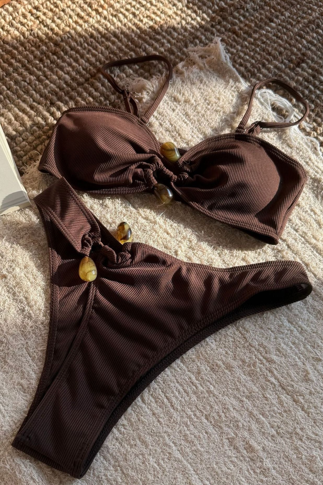 Solid Cutout Beaded Ribbed Bikini Set
